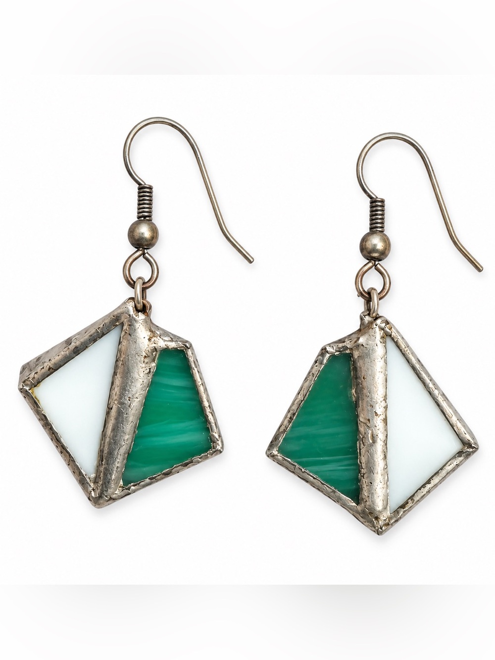 Artisan Stained Glass Geometric Dangle Earrings Green White Mixed Metal Boho